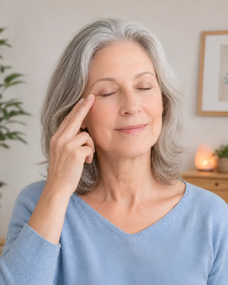 A woman tapping gently near her eyebrow during a calm moment at home
