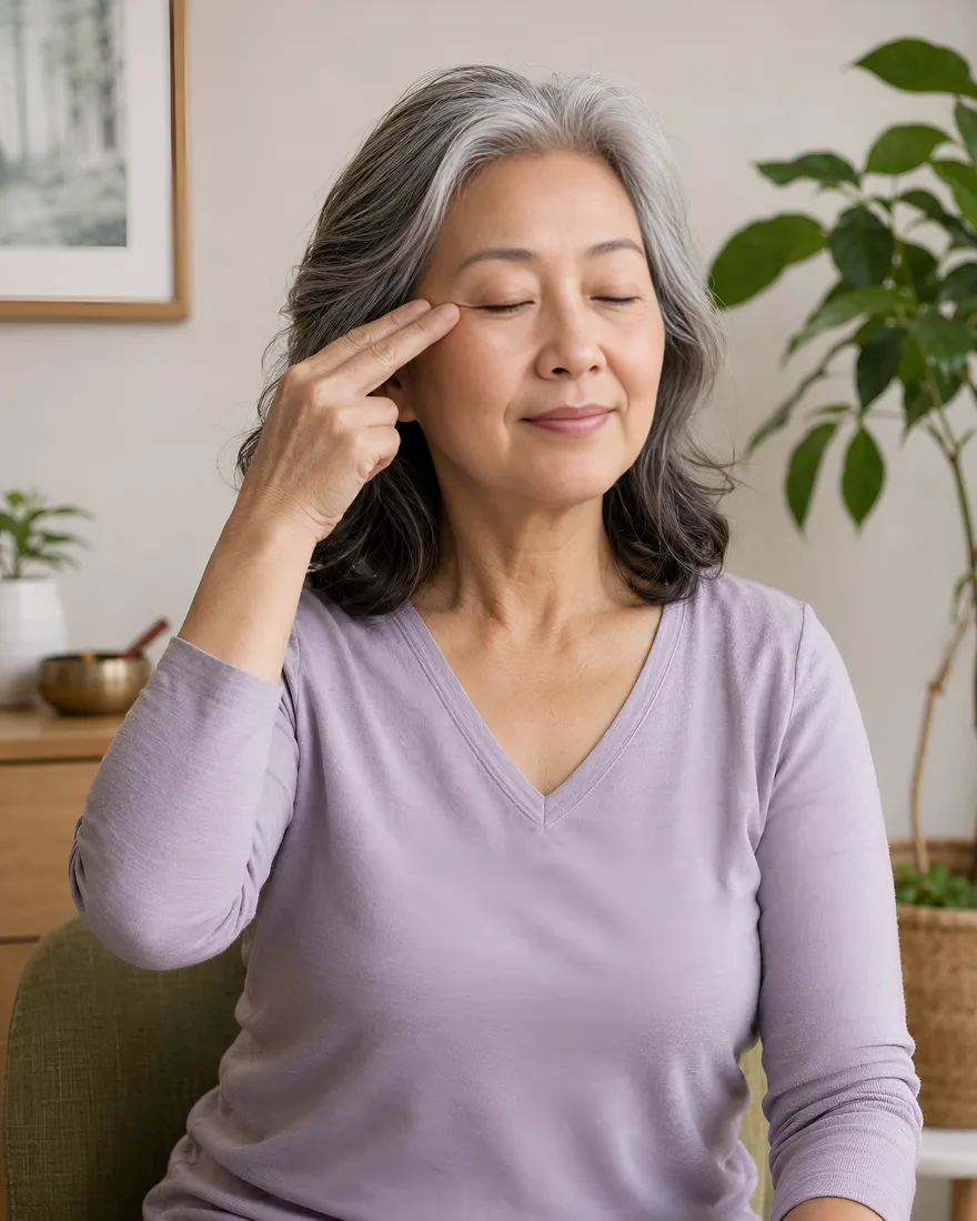 A woman tapping gently near her eyebrow during a calm moment at home