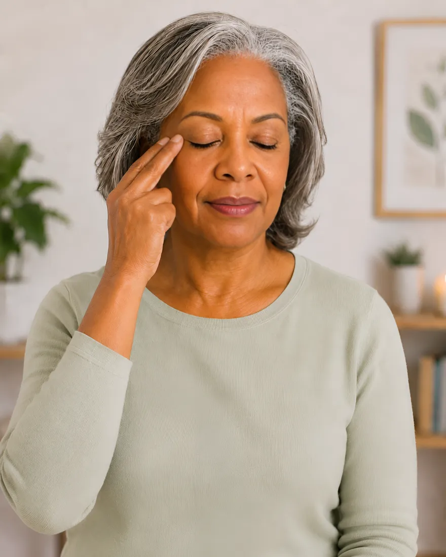 A woman tapping gently during a calm moment at home